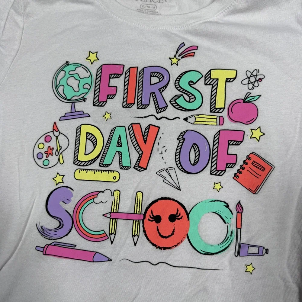 Childrens Place Girls First Day of School Graphic T-Shirt White XL 14